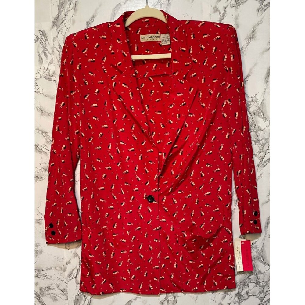 Liz Claiborne Vintage 1990s  Red Silk Blazer guitars  Sz 4 Modern Jazz Print